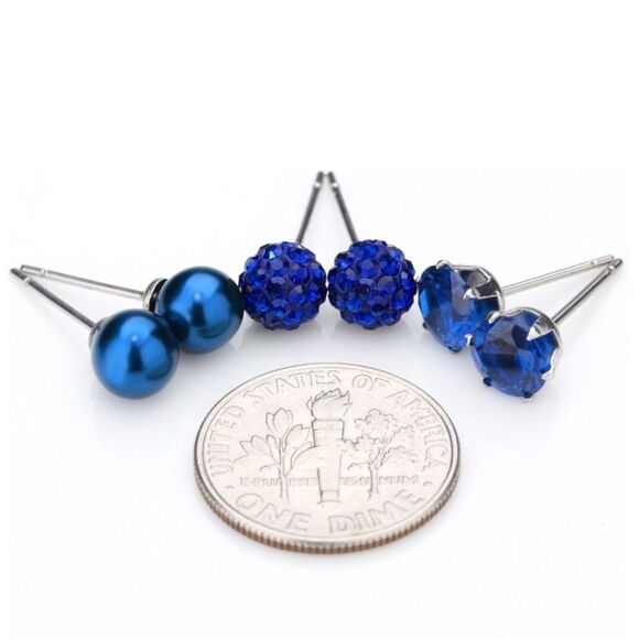 Blue Sapphire Cubic Zirconia and Pearl 316L Post Back Stud 3 Pair Earrings Set - Picture 3 of 5